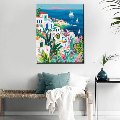 Boho Greek Island Scenery DIY Paint by Comples Seaside White Town View Landscape DIY Paint Paint Acrylic Paint Kits Canvas with Acrylic Paint Art 16x20 Inch （بدون إطار） in Kuwait