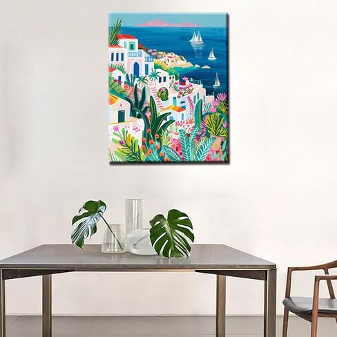 Boho Greek Island Scenery DIY Paint by Comples Seaside White Town View Landscape DIY Paint Paint Acrylic Paint Kits Canvas with Acrylic Paint Art 16x20 Inch （بدون إطار） in Kuwait