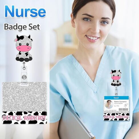 Plifal CNA Nurse Badge Reel Buddy Set - Student Nurse Nursing Retractable ID Clip Holder,Cute Cow Horizontal Alligator Clips with Card for Nurse Name Tag Hospital Work Accessories Essentials in Saudi Arabia