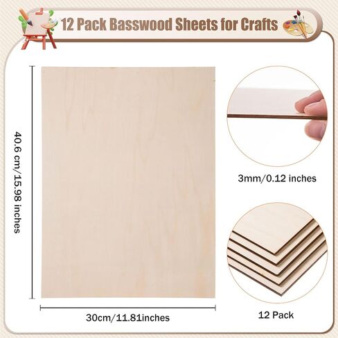 Modooris 12 PCS Basswood Sheets للحرف اليدوية ، 12 × 16 × 1/8 بوصة من أوراق الخشب الرقائقي 3 مم من الخشب غير المكتملة لحرف DIY ، قطع الليزر ، حرق الخشب ، البيروغرافيا ، النماذج المعمارية ، الرسم in Kuwait
