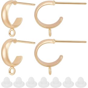 Beebeecraft 1 Box 20Pcs Half Hoop Earring Findings 18K Gold Plated Brass Huggie Earrings with Loop and Ear Nuts for Women DIY Jewelry Dangle Earring Making 13x3mm