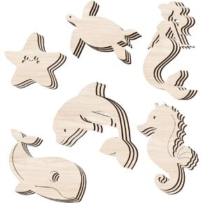 30PCS Unfinished Wood Ocean Animal Cutouts for Kids | 6 Styles DIY Blank Unfinished Wood Cutouts | Wooden Decorations to Paint | Under The Sea Crafts for Kids | Animal Wood Pieces Home Decor