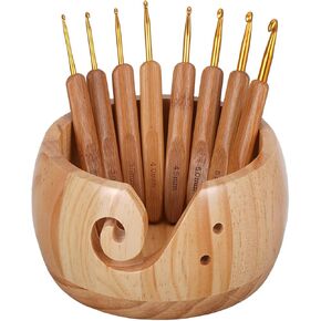 Wooden Yarn Bowl with 8Pcs Metal Crochet Hooks, Knitting Yarn Bowl with Holes Storage Handmade to Prevent Slipping, Perfect Yarn Holder Bowl for Crocheting and Knitting Mother's Day Gift 5" x 3"