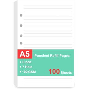 7-Hole Lined Refills Paper, A5 Filler Paper for Planner Inserts, A5 Loose Leaf Paper, 7 Hole Refills, 100 Sheets/200 Pages, College Ruled, 5.5 X 8.5 Inch (White Paper, 100 Sheets)