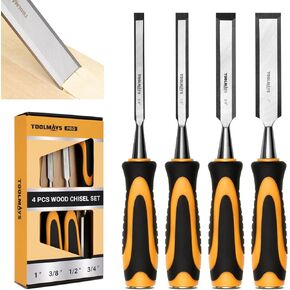 4-Piece Wood Chisel Set, Carbon Steel Blades with Ergonomic Handle, 3/8" 1/2" 3/4" 1" for Woodworking, Durable Metal Strike Cap