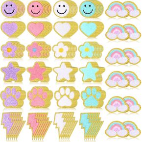 156 Pcs Glitter Self Adhesive Letters Chenille Clothing Patches Embroidered Repair Fuzzy Patches Alphabet Patches Gold Trimmed Preppy Clothing Badges Sewing Appliques (Pastel Colors,Simple)