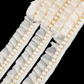 PH PandaHall 5 Yards White Ruffle Pearl Trim Chiffon Lace 1.2 inch Pleated Lace Ribbon, Organza Fabric Lace Edge Trim Beaded Ribbon for Sewing Wedding Dress Home Deco Skirts Gift Wrapping