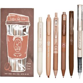 12 Pieces Novelty Coffee Pens 1 Pcs Brown Highlighters Retractable Pens 5 Pcs Gel Pens Black Ink For School Home Office Stationery