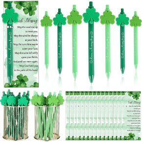 Jetec 40 Sets St Patrick's Day Shamrock Ballpoint Pens bulk Green Clover Rollerball Black Ink Pens with Irish Blessing Cards and Twist Ties for Boys Girls Home Office School Party