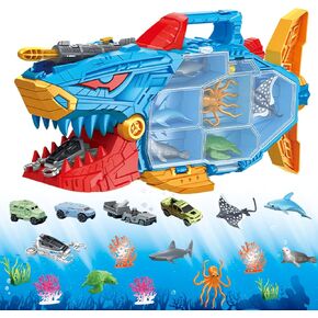 Shark Ocean Animal Toys Set with 18 Piece Sea Creatures & Transport Vehicles, Double-Side Storage + Portable Handle, Educational Bath Toys for Kids Ages 3-12 Years Old