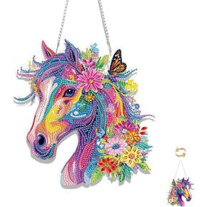 Eiflow DIY Hanging Diamond Art Kit Horse, Acrylic Colorful Diamonds Painting Pendant Board Kit, 5D Gem Art Ornament Kit for Adults Animal, Double Sided