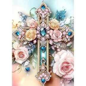 KEYIFA Diamond Art The Cross Diamond Painting Kits for Adults, Special Shaped Rhinestone Rose Diamond Painting Kit with Tools, Partial Drill Gems Art Craft for Home Wall Decor 12x16 inch
