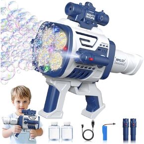Automatic Refill Bubble Machine Gun - Rechargeable Bazooka Bubble Gun for Kids with Colorful Lights, Electric Rocket Bubble Blaster Shooter Toys for Outdoor Wedding Birthday Party Boys Gifts, Blue