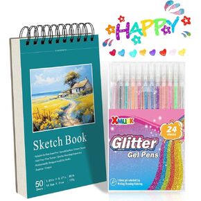 مجموعة هدايا GLITTER GEL PEN مع 24 لونًا GLITER GEL PEN A5 SKETCH BOOK GIFT SET 50 SHOETS 120GSM SPORAL ART SKETCHBOOD PAD للطلاء الهدية لكتابة عيد ميلاد (XGP-24)