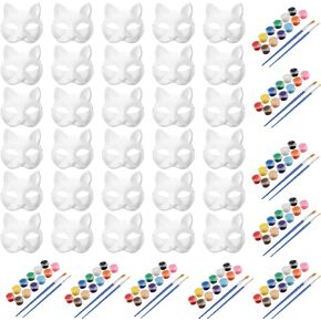 30 Pcs Cat Mask to Paint White Therian Masks with Paint Brushes DIY Blank Animal Masks for Halloween Party Masquerade