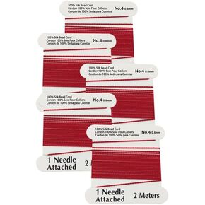 LeGold 5 Pieces Silk Beading Cord Thread and Needle Size 4 Garnet Red Color