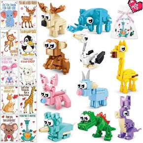 30 Pack Valentines Gifts for Kids - Building Blocks, Cards with Animal Blocks for Boys & Girls, Classroom Valentines Gifts & Party Favors