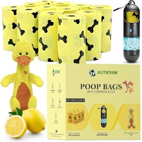 Dog Poop Bag Kit - 180 Biodegradable Lemon Scented Poop Bags for Dogs, Duck Plush Toy & Dispenser with Sanitizer - Leak Proof Extra Thick Compostable Dog Waste Bags for Eco-Friendly Walks