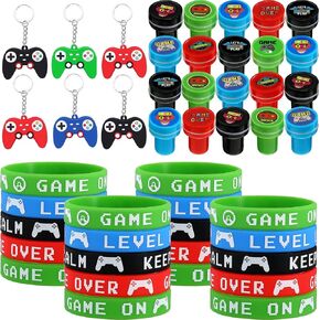 Aoriher 60 Pieces Video Game Party Favors Gifts Set Includes 20 Video Game Bracelets Wristbands 24 Stampers and 16 Handle Keychains for Party Supplies(Classic Style)