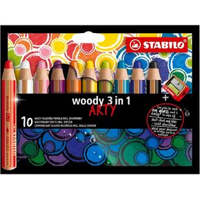 STABILO Multi-Talented Pencil woody 3 in 1 ARTY - Pack of 10 - Assorted Colors with Sharpener