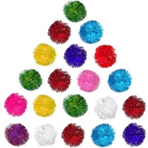 SunGrow Cat Pom Pom Balls, 20 Multi-Colored Shiny Enrichment Tinsel Pom Poms, 1" Tight Woven Yarn, Fuzzy Flash Balls for Indoor Kitten, Assorted Soft Glitter Orbs for Feline's Body and Brain Workout