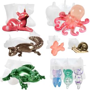 7PCS Animal Resin Molds Set,3D Silicone Molds with Fox Cat Octopus Frog Lizard Dog Snail,Unique Resin Molds,Animal Epoxy Resin molds for Desktop Ornament,DIY Modeling Clay,Plaster,Candle,Resin