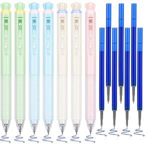 BAYTORY Pastel Erasable Gel Pens, 7Pcs Blue Ink Pens & 7Pcs Refills, Aesthetic Rub Out Pens Blue Ink with Eraser, Smooth Writing Pen for Home School and Office Supplies （Flower Eraser）