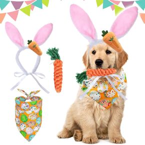 3 PCS Easter Dog Costumes Easter Bunny Dog Headband Dog Easter Outfits Bandanas for Small Medium Large Dogs Funny Carrot Rope Chew Toys Birthday Party Accessories