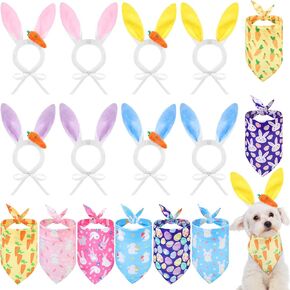 16 Pack Dog Easter Outfit Including 8 Bunny Ears Headband and 8 Easter Dog Bandana Four Colors Bunny Ears Pet Bandana with Different Patterns