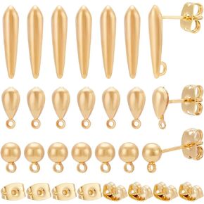BENECREAT 30Pcs 3 Style 18K Real Gold Plated Brass Stud Earring Ball Teardrop Stud Earring Findings Minimalist with 30Pcs Brass Ear Nuts for Women Gifts, Festival Favors