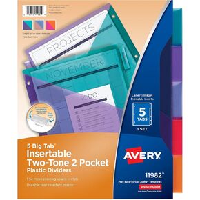 Avery Big Tab Insertable Plastic 2 Pocket Dividers for 3 Ring Binders, 5 Tab Set, Two-Tone Multicolor, Works with Sheet Protectors, 1 Binder Divider Set (11982)