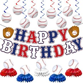 Baseball Birthday Party Decorations, Baseball Themed Party Decorations Include Happy Birthday Banner Baseball Hanging Swirls and Honeycomb Centerpiece Baseball Party Supplies