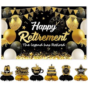 Retirement Party Decorations Kit for Men Women, Black Gold Happy Retirement Banner with 6PCS Retirement Honeycomb Centerpiece,5.9 x 3.6Ft, Black Gold Retirement Yard Sign for Retirement Party Supplies ﻿