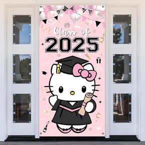 Hello Kity Graduation Decorations Door Banner Cover 35.4x70.8 Inches Pink Graduation Party Decorations Class of 2025 Party Supplies Door Banner for Welcome Guest