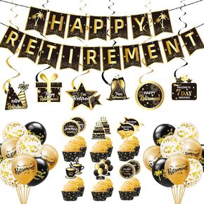 Retirement Party Decorations for Men Women Black Gold Happy Retirement Banner, Balloon, Hanging Swirls and Happy Retirement Cake Toppers Retired Farewell Party Set