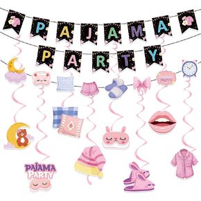 Pajama Party Decorations - Pajama Party Banner with Hanging Swirl Sleepover Party Supplies for Girls Slumber Party Favors Birthday Night Out