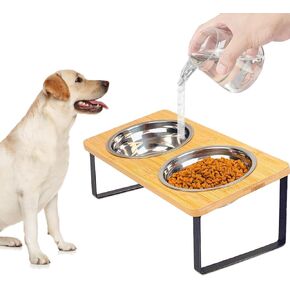 Raised Cat Food Water Bowl，Small Dog 15 ° Tilted Elevated Food Feeding Tray with Three Stainless Steel Bowls to Protect The Spine of Cats and Dogs from Vomiting (Wood Color) (3 Bowls)