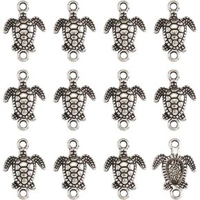 FASHEWELRY 50Pcs Antique Silver Sea Turtle Charm Links 21x14.5mm Tibetan Double Loops Sea Creature Animal Pendant Connectors for Jewelry Making Hole: 2mm
