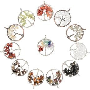 PH PandaHall 12 Color Tree of Life Pendant Charms Chakra Crystal Stone Pendant 1.14 Inch Positive Gemstone Pendant Quartz Charms for Necklace Earring Breast Cancer Qwareness Jewelry Making Crafting