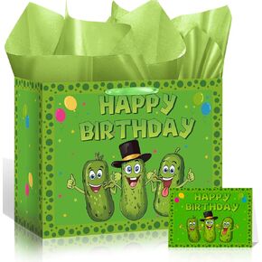Pickle Birthday Gift Bag Funny Pickle Party Decorations Pickle Gift Bag with Green Wrapping Paper Card Funny Fruit Cucumber Gift Bag Cute Cartoon Birthday Gift Bag for Boy Girl Birthday Party Supplies