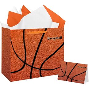 Jiaoiudi Basketball Gift Bags with Tissue Paper Greeting Card Basketball Party Bags Large with Handles Basketball Goodie Bags