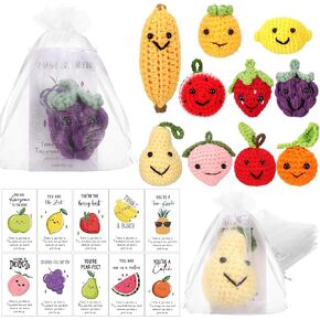 Shappy 10 Sets Inspirational Positive Fruit Toy Gift Cute Funny Wool Knitted Fruit Mini Employee Appreciation Gift Motivational Pun Card Organza Bag Classroom Team Valentine‘s Day for Students