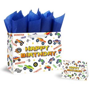 Large 13" Monster Truck Birthday Gift Bag with Handles, Greeting Card, and Tissue Papers Cars themed for Kids Birthday Party, Boys, Girl, Baby boy, Baby Shower