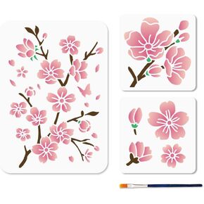 MAYJOYDIY 3pcs Cherry Blossom Flower Stencils 5.9×5.9/11.7×8.3inch Blossom Branch Stencil A4 Reusable Plastic Template Plant Stencils for Painting on Wood DIY Crafts Wall Canvas