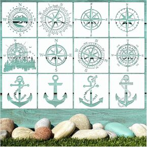 12 Pcs Compass Anchor Stencil, Plastic Reusable Nautical Stencils Compass Rose Stencil Anchor Compass Stencils Template for Painting Wood, Walls, Fabric, Furniture, Shirt, DIY Crafts (Compass Anchor)