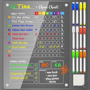 PigPotParty Acrylic Magnetic Chore Chart for Kids, 12"x16" Reward Responsibility Chart, Chores Checklist, 2 Weekly Dry Erase Fridge Board for Teens Adult Family Multiple Kids, w/ 12 Markers & Towel