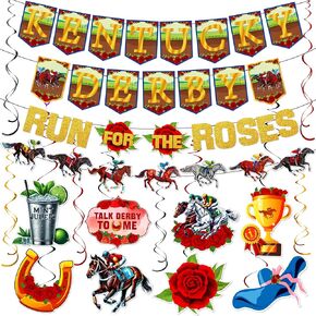 12PCS Kentucky Party Decorations Set: Derby Day Run for the Roses Banners, Hanging Swirls - Decor Supplies