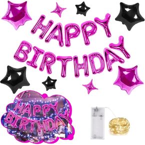 CANREVEL Happy Birthday Banner 13pcs 16 Inch Mylar Foil Letters Sign Balloons with LED Lights Birthday Party Decorations for Kids and Adults - 3D Black