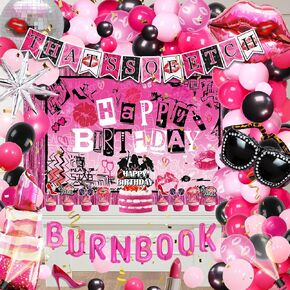 زخارف الفتيات الوردي الساخن مجموعة الساخنة Pik Lips Party Pink Pink Girl Décor Burn Book Disco Backdrop Cake Cupcake Topper Backdrop Balloon Garland Hot Pink Fetch for Girl Party