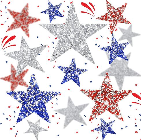 Syhood 32 Pieces Iron on Star Patches Adhesive Glitter Star Shape Rhinestone DIY Patches Appliques Embellishments for Clothing Jeans Repair Decoration, 5 Sizes(Red, Silver, Blue) in Kuwait